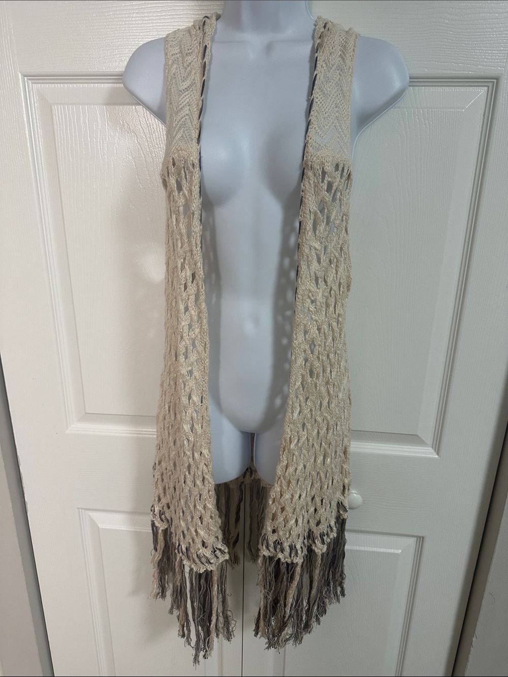 BKE Cream Open Knit Fringe Vest